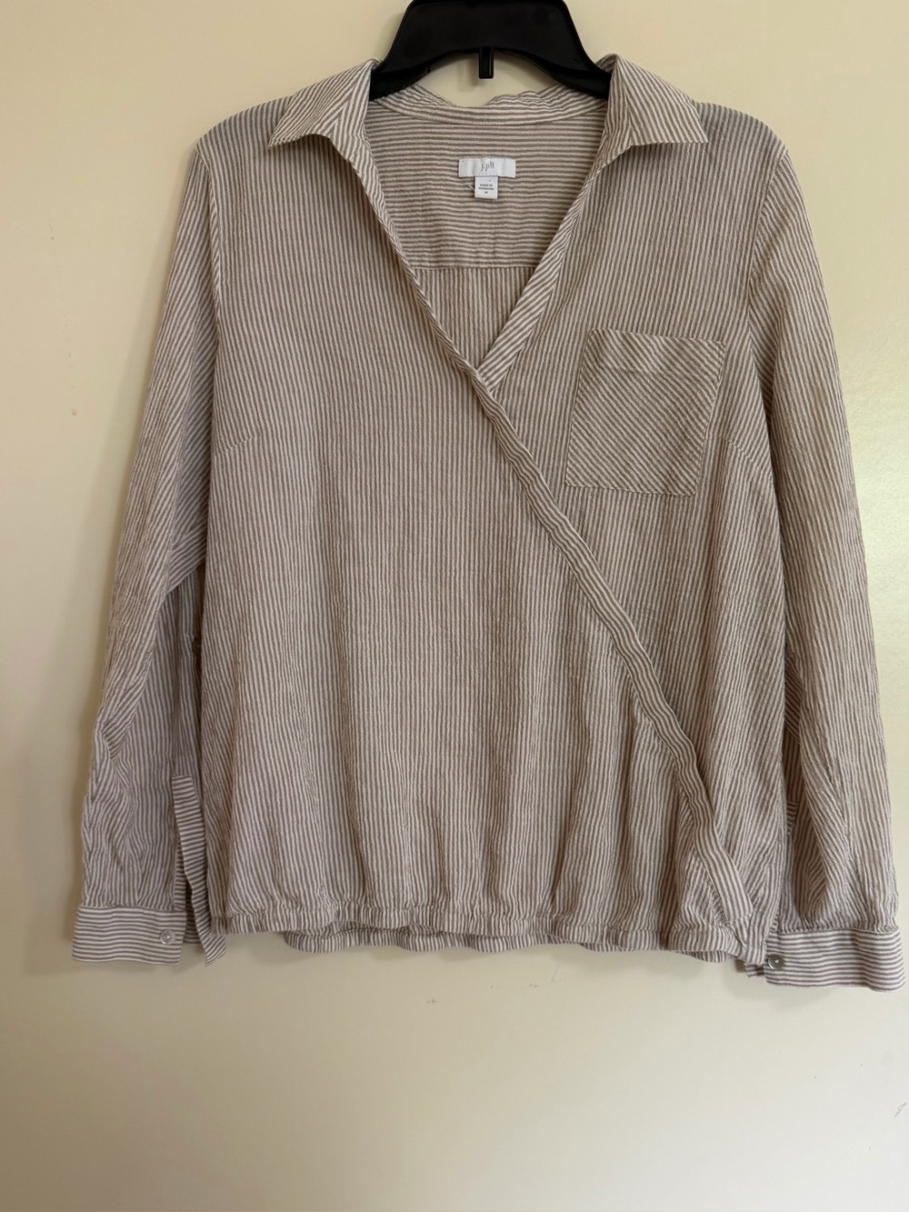 J Jill Striped Long Roll Tab Sleeve Faux Wrap Collar Top Blouse Sz M
